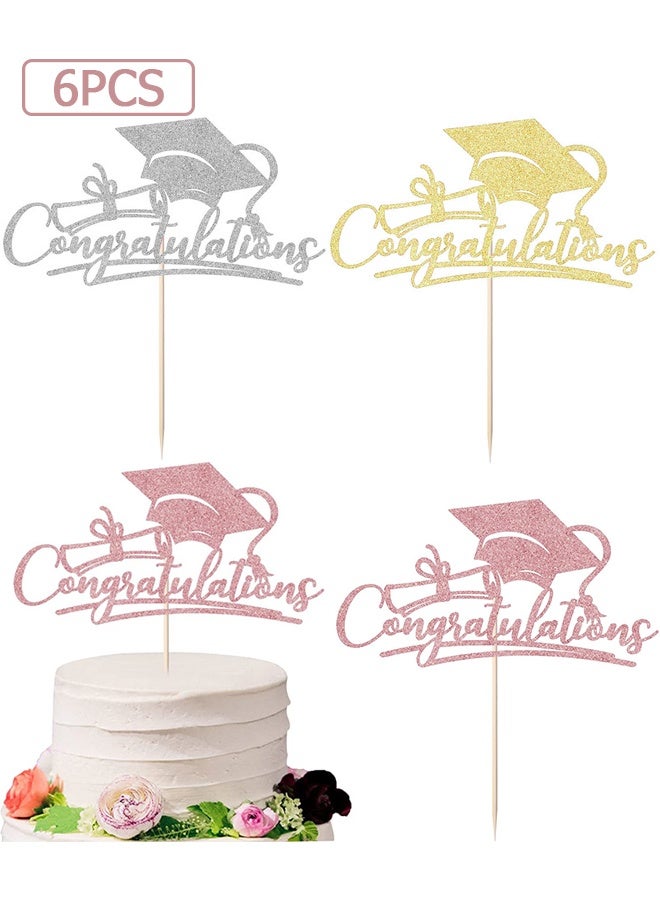 Wffo 6PCS Congratulations Graduate Cake Toppers - 3 Styles - Sparkling Graduation Cap Cake Decorations - Graduation Theme Party Supplies - Suitable for Elementary/Middle/High School/College Graduation Parties - Silver and Gold and Rose Gold - Image 1